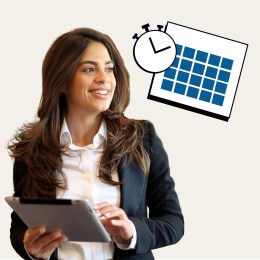 A woman looks to the side and smiles while holding a tablet. A graphic of a calendar with a clock is also shown.