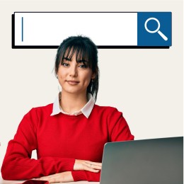 A woman sits at a desk in front of a laptop with her arms crossed. A graphic of a search bar is also seen.