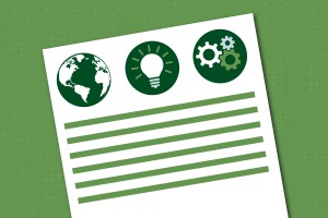 Graphic of OPIA bulletin with lines for text and a globe, light bulb and gears